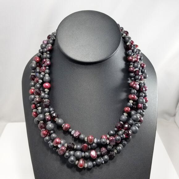 Vintage Beaded Necklace Pearled Burgundy, Matte Black Red Black Czech Crystal - Picture 9 of 10